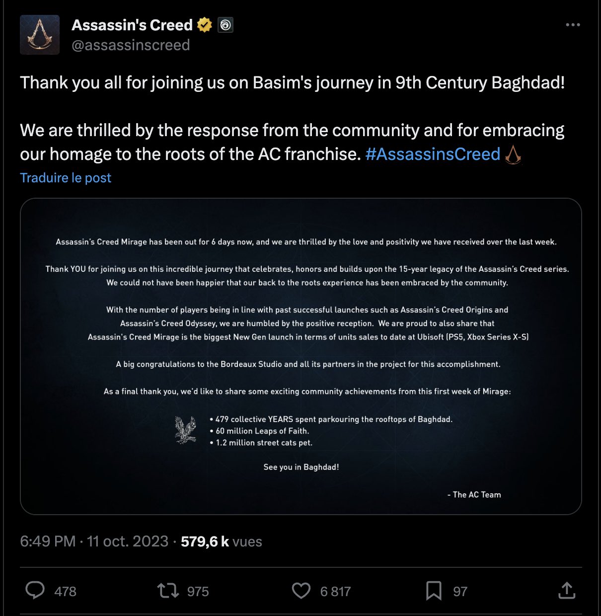 assassins-creed-mirage-tweet-meilleur-lancement-ubisoft