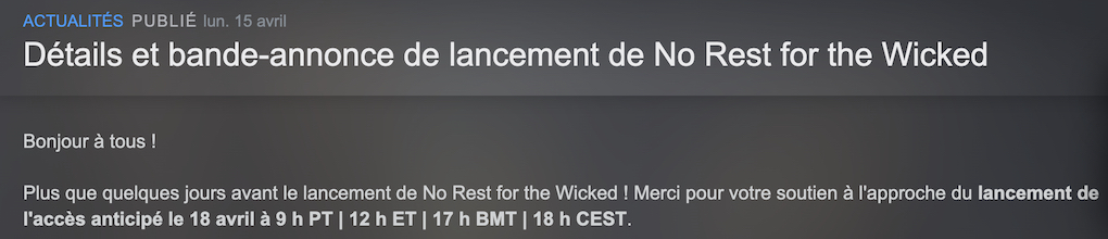 no-rest-for-the-wicked-heure-sortie-steam-pc