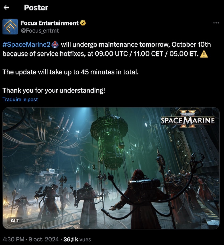 warhammer-40-000-space-marine-2-serveurs-maintenance-compte-twitter-focus-entertainment
